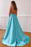 Anneprom V neck Sleeveless Split Tiffany Blue Cross Back Prom Evening Dress APP0659