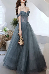 Anneprom Gray Blue Tulle A line Sweetheart Neck Long Prom Dresses, Evening Dresses APP0663