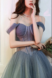 Anneprom Gray Blue Tulle A line Sweetheart Neck Long Prom Dresses, Evening Dresses APP0663