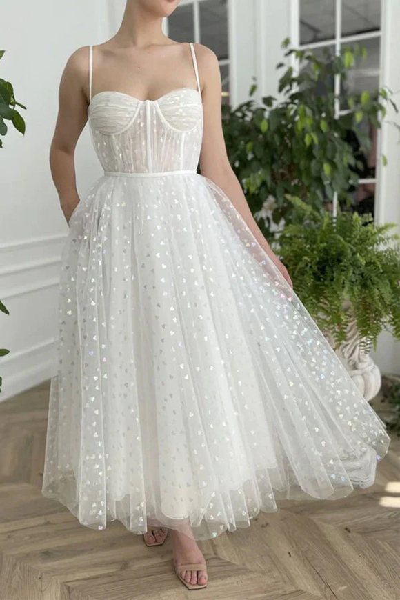Anneprom Sweetheart Neck Tulle Ivory Prom Dresses, Tea Length Evening Dresses APP0664