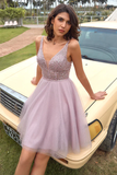 Anneprom V Neck Open Back Blush Pink Sequin Short Prom Homcoming Dress APH0150