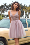 Anneprom V Neck Open Back Blush Pink Sequin Short Prom Homcoming Dress APH0150