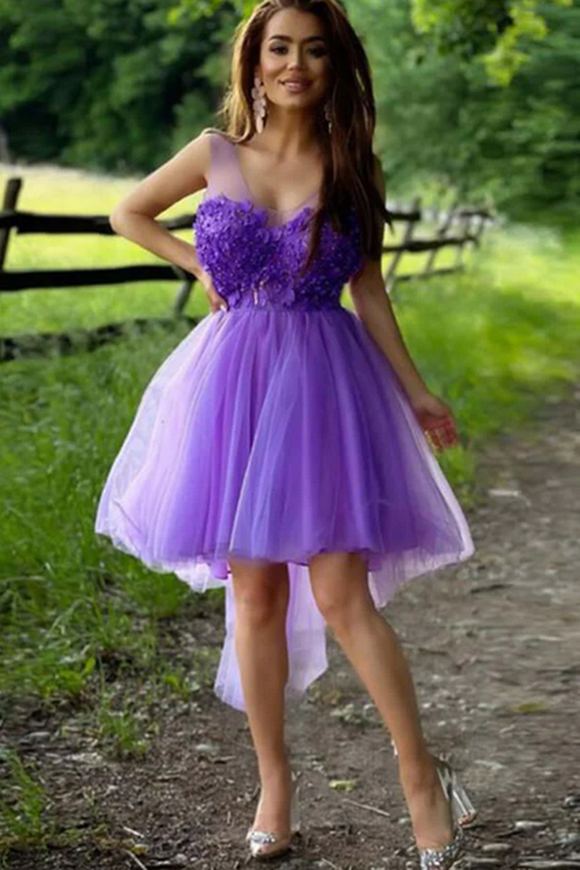 Anneprom Purple Tulle A line High Low Hand Made Flowers Short Homecoming Dresses APH0152