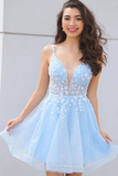 Anneprom Cute V Neck Light Blue Lace Floral Short Prom Homecoming Dresses APH0154