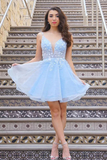 Anneprom Cute V Neck Light Blue Lace Floral Short Prom Homecoming Dresses APH0154