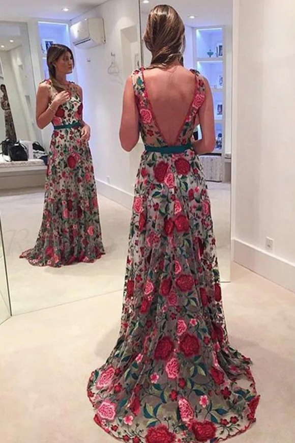 Anneprom Fabulous Scoop A line Lace Rose Floral Embroidery Long Prom Dresses APP0667