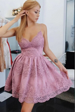 Anneprom Pink Tulle A line V neck Lace Spaghetti Straps Short Homecoming Dresses APH0157