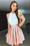Anneprom Pink Pleated Lace Bodice High Neck Backless Short Homecoming Dresses APH0160