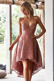 Anneprom A Line Spaghetti Straps High Low Blush Lace Short Prom Dress Homecoming Dress APH0161