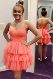 Anneprom V Neck Layered Coral Short Prom Dresses Homecoming Dresses APH0163