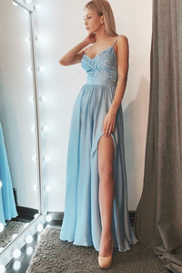 Anneprom Simple A Line Spaghetti Straps Blue Chiffon Long Prom Dresses with Slit APP0669