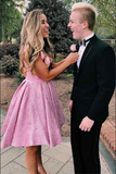 Anneprom Charming Pink Satin A line V Neck Short Homecoming Dresses With Pockets APH0164