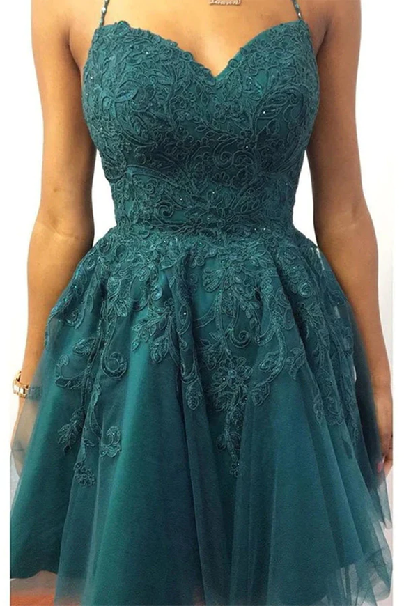 Anneprom Halter Neck Short Emerald Green Lace Prom Dresses Homecoming Dresses APH0165