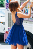 Anneprom Royal Blue Tulle A line V neck Beaded Homecoming Dress With Appliques APH0166