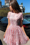 Anneprom A Line Short Sleeve Lace Short Prom Dress Short Homecoming Dress APH0168