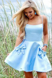 Anneprom Light Blue Satin Homecoming Dresses With Pockets, Short Party Dresses APH0170