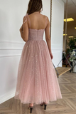 Anneprom Straps Tea Length Pink Prom Dresses Tulle Homecoming Dresses APH0172