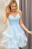 Anneprom Blue Tulle A line V neck Cheap Homecoming Dresses, Short Prom Dresses APH0174