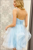 Anneprom Blue Tulle A line V neck Cheap Homecoming Dresses, Short Prom Dresses APH0174