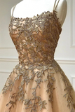 Anneprom Spaghetti Straps Champagne Lace Tulle Long Prom Dress APP0671