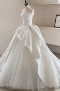 Anneprom Modest Ball Gown Strapless Simple Satin Wedding Dress Tulle Bridal Dress APW0405