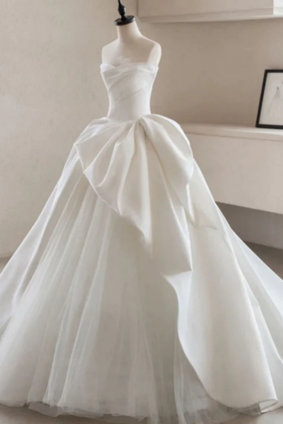 Anneprom Modest Ball Gown Strapless Simple Satin Wedding Dress Tulle Bridal Dress APW0405
