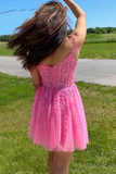 Anneprom A Line Hot Pink Lace Appliques Party Dress Homecoming Dress APH0178