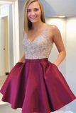 Anneprom Burgundy See Through Beaded Homecoming Dresses with Pockets APH0179