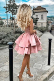 Anneprom Blush Pink A line One Shoulder Homecoming Dresses, Short Prom Dresses APH0183