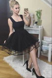 Anneprom Cute Black Tulle A line Cheap Homecoming Dresses, Short Prom Dresses APH0185