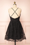 Anneprom Black Lace Straps A-line Short Party Dress Lace Homecoming Dresses APH0187