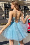 Anneprom Shiny Sky Blue Tulle Sequins Homecoming Dresses, Short Prom Dresses APH0188