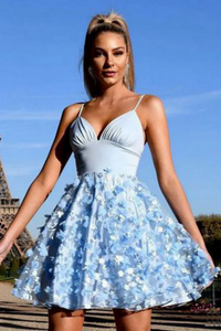 Anneprom Light Blue Lace Spaghetti Straps Homecoming Dresses, Short Prom Dresses APH0189