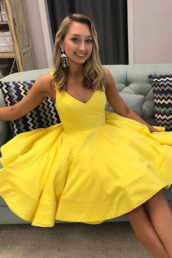 Anneprom A Line V Neck Short Yellow Prom Dresses Satin Homecoming Dresses APH0190
