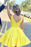 Anneprom A Line V Neck Short Yellow Prom Dresses Satin Homecoming Dresses APH0190