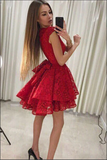 Anneprom Cute Red Round Neck A line Cap Sleeves Lace Short Homecoming Dresses APH0191