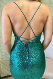 Anneprom Emerald Green Sequins Sheath Cowl Neck Tight Short Homecoming Dresses APH0193