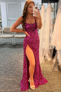 Anneprom Sparkly Sheath Fuchsia Sequins Prom Dresses With Side Slit, Evening Dresses APP0674