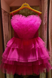 Anneprom Hot Pink Spaghetti Straps Homecoming Dress With Layers, Party Gown, Graduation Dress APH0200