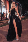 Anneprom Black Glitter A line One Shoulder Prom Dresses With Side Split, Evening Dress APP0676
