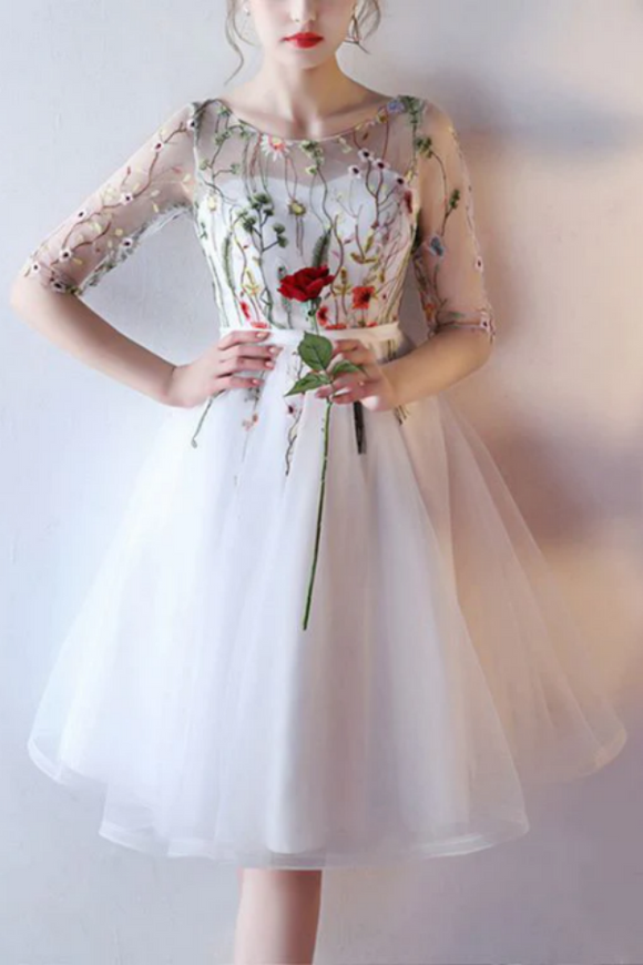 Anneprom New Arrival Scoop Short Prom Dress With Floral Short Sleeve Homecoming Dress Prom Dresses APH0204