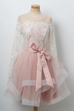 Anneprom A line Cute Pink Short Prom Dress Long Sleeve Scoop Lace Homecoming Dresses APH0205