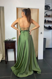 Anneprom Sage Green A line Scoop Spaghetti Straps Long Prom Dresses With Pocket APP0678