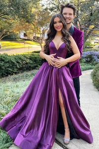Anneprom V Neck Backless Purple Satin Long Prom Dress with High Slit APP0682