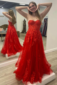 Anneprom Strapless Red Tulle Long Prom Dress with Lace Appliques APP0684