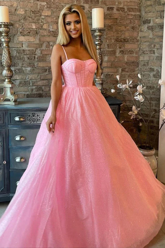 Anneprom Shiny Pink Tulle Spaghetti Straps Sparkly Long Prom Formal Evening Dress APP0685