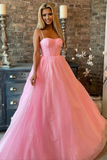 Anneprom Shiny Pink Tulle Spaghetti Straps Sparkly Long Prom Formal Evening Dress APP0685