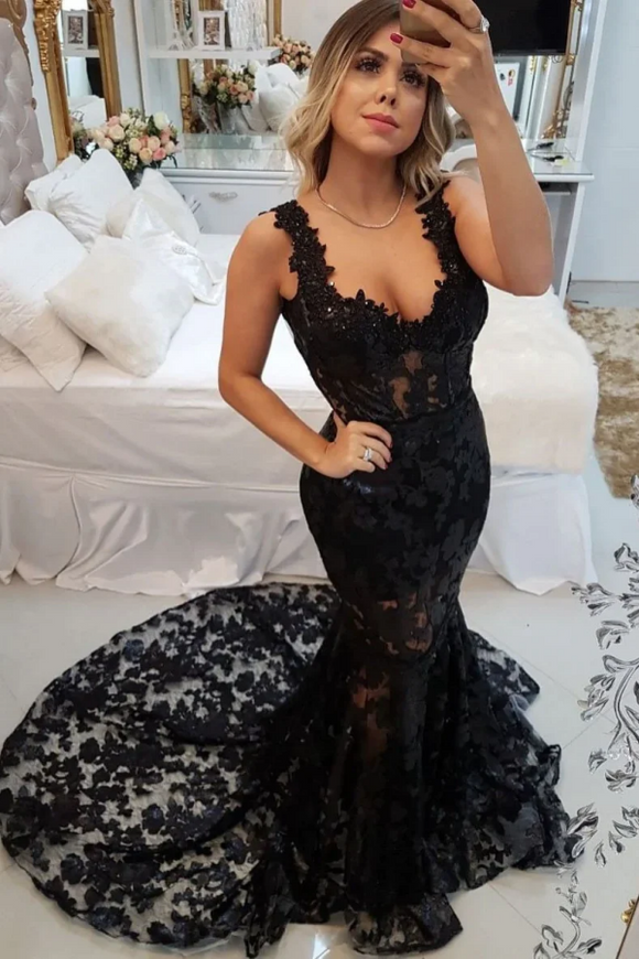Anneprom Black v neck lace mermaid long prom dress, black evening dresses APP0686