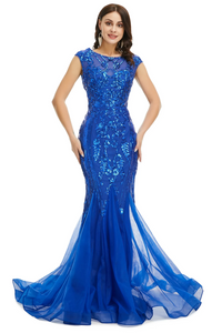 Anneprom Blue Scoop Sequins Long Prom Formal Dress APP0687