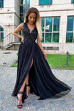 Anneprom Black V Neck Chiffon Lace Long Prom Evening Dress APP0688